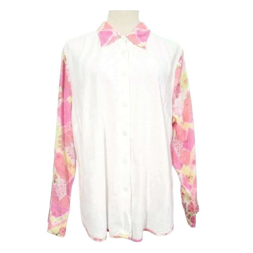 CJ Banks Vintage Women's Size 1X Linen Blend Button Front Shirt Floral Patchwork - Picture 2 of 13